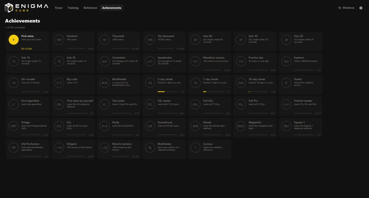 Achievements: 40 achievements for solves, personal bests, learned algorithm sets and practice streaks