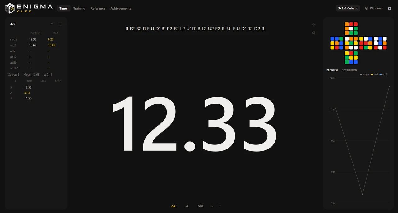 Timer: a 3x3 scramble with its preview, the time 12.33, WCA averages and a progress chart