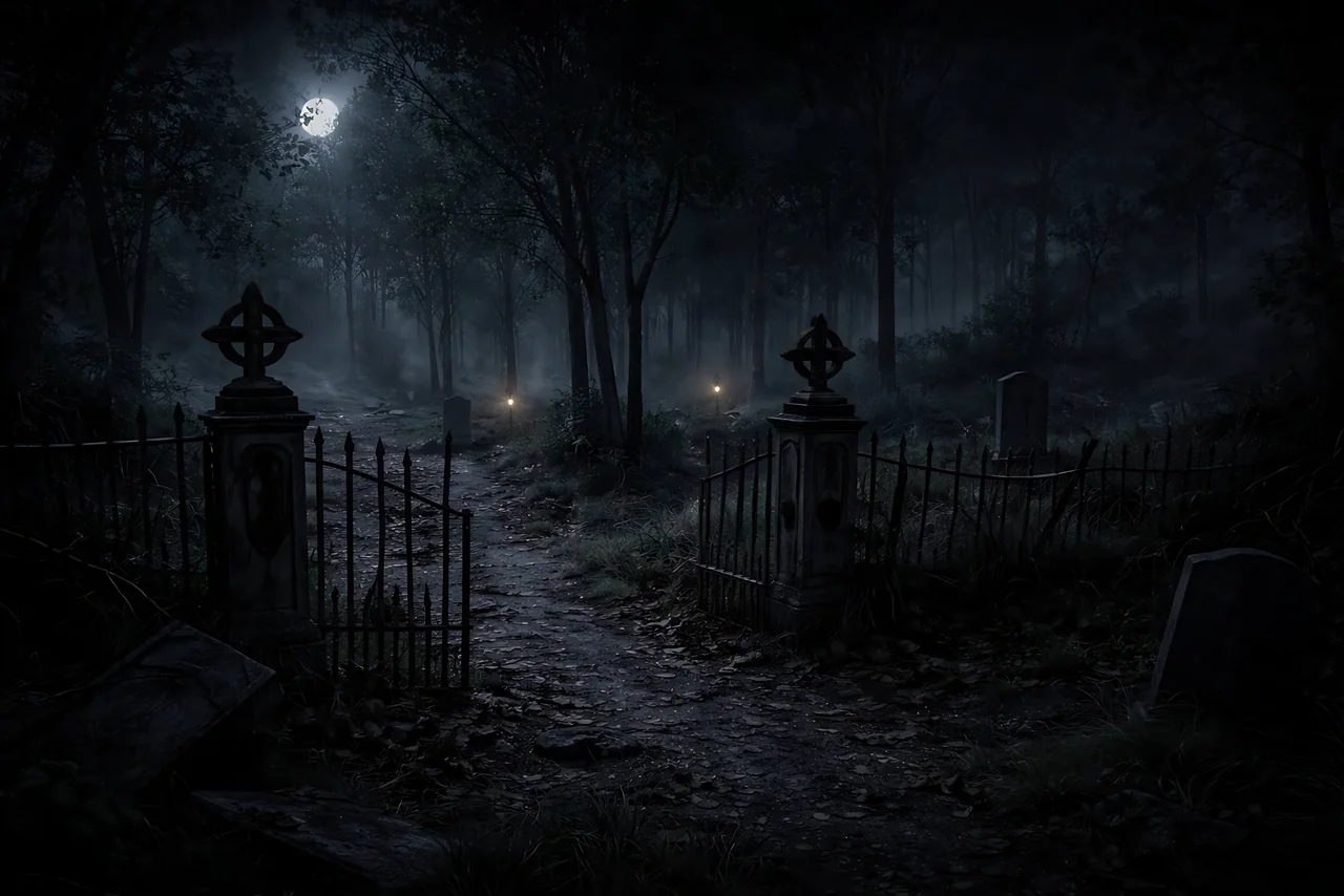 An open cemetery gate in a moonlit forest