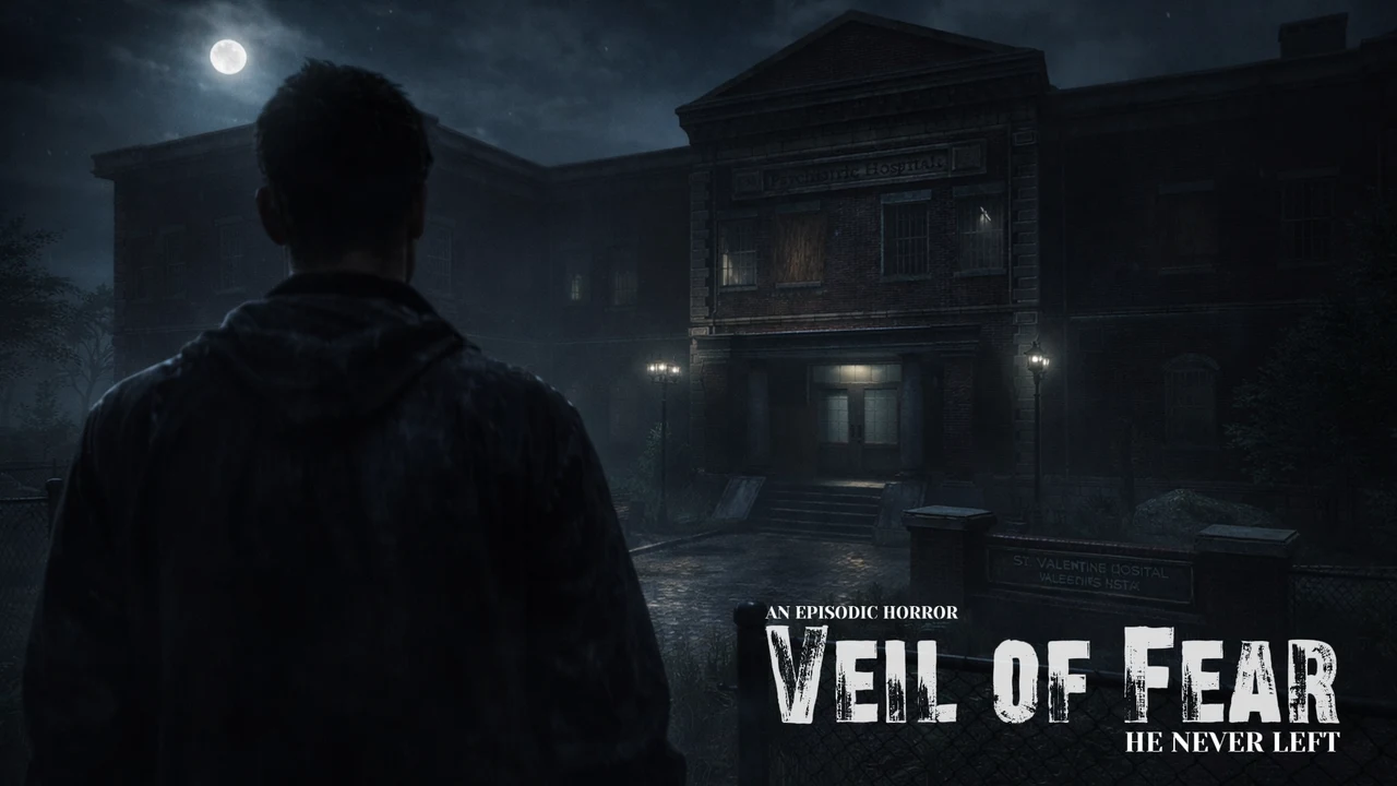 Veil of Fear: He Never Left — a man in front of St. Valentine psychiatric hospital at night