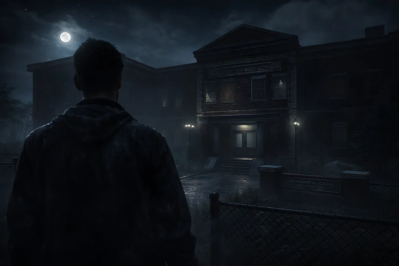 A man stands at the fence of St. Valentine hospital at night