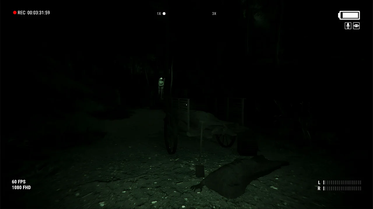 Night-vision footage: a figure stands by the bridge in the forest